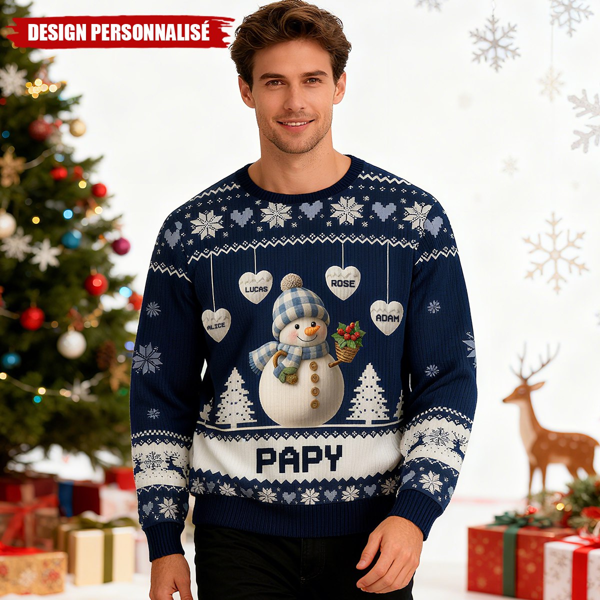 Pull de Noël Personnalisé Bonhomme de Neige – Cadeau Unique pour Papy et Mamie