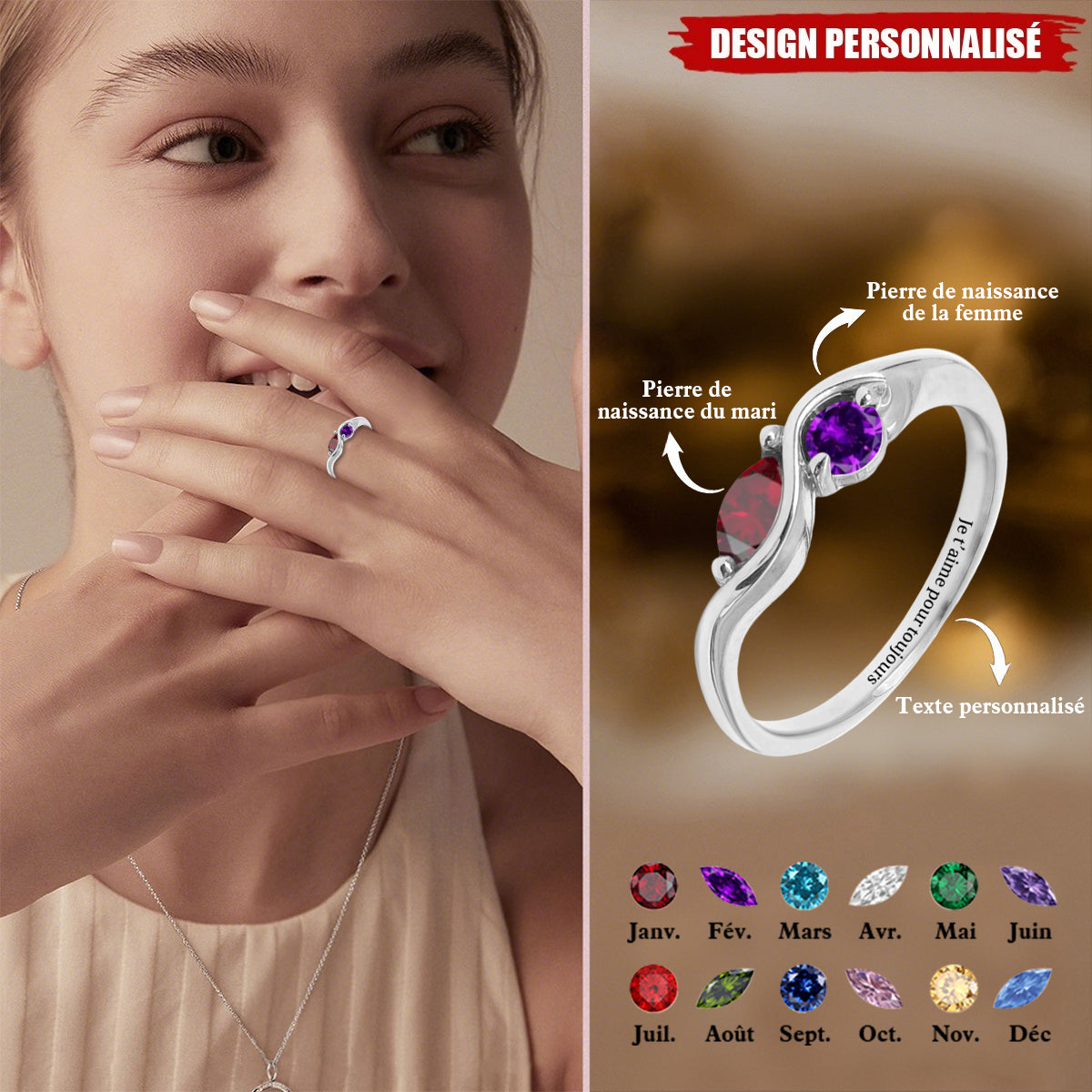 Bague Personnalisée avec Pierres de Naissance – Bijou d’Amour pour Couple