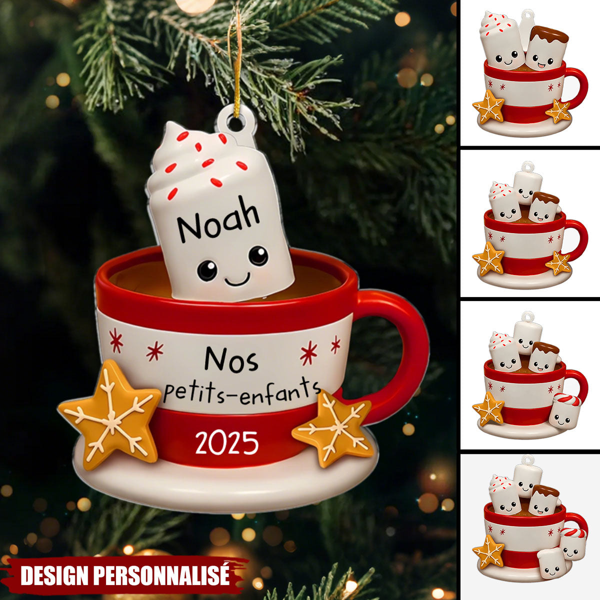 Ornement de Noël en Acrylique Personnalisé – Tasse de Chocolat Chaud avec Prénoms des Petits-Enfants