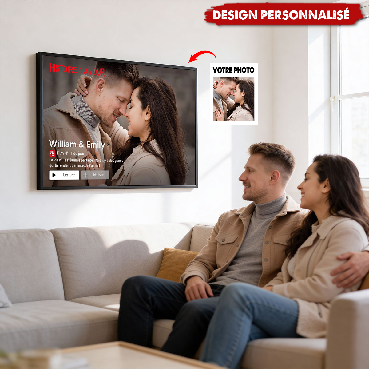 Affiche Personnalisée Couple – Histoire d’Amour Style Film avec Photo, Noms et Message