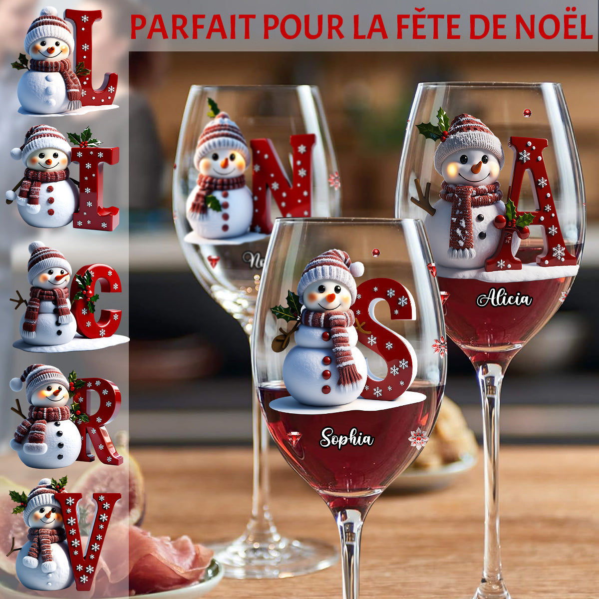 Verres à Vin Personnalisés – Flocon de Neige & Bonhomme de Neige pour Noël