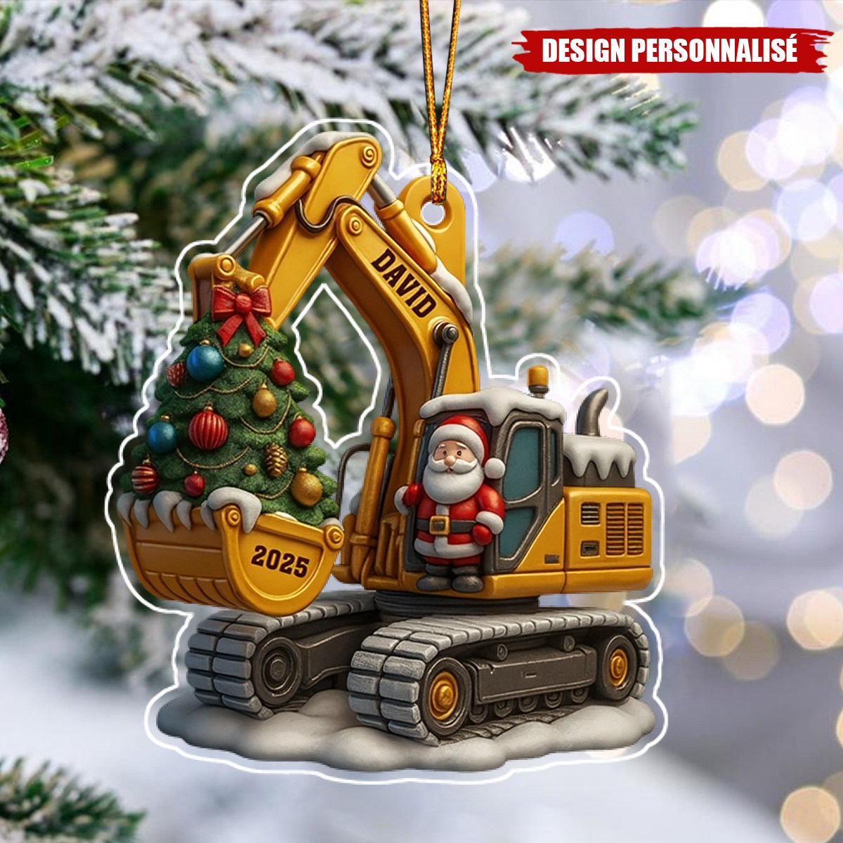 Décoration de Noël en Acrylique Personnalisée - Pelleteuse avec Sapin et Père Noël