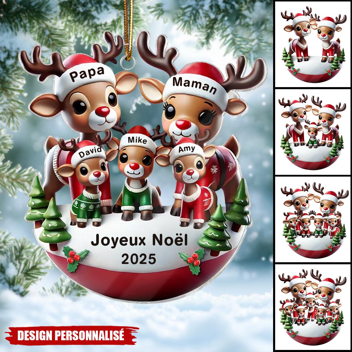 Décoration de Noël Personnalisée en Acrylique – Famille de Rennes avec Prénoms et Message de Noël
