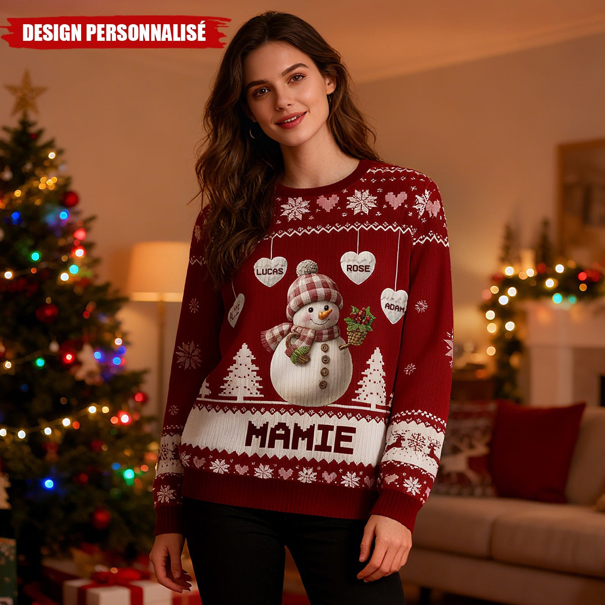 Pull de Noël Personnalisé Bonhomme de Neige – Cadeau Unique pour Papy et Mamie