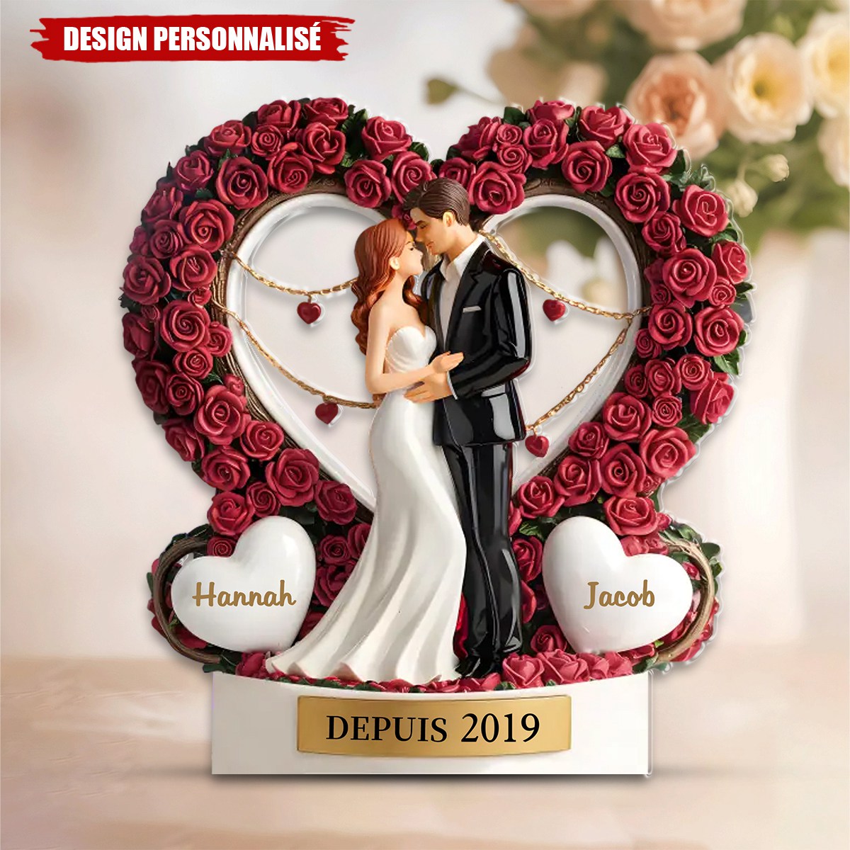 Plaque Acrylique Personnalisée – Couple Romantique avec Roses et Prénoms