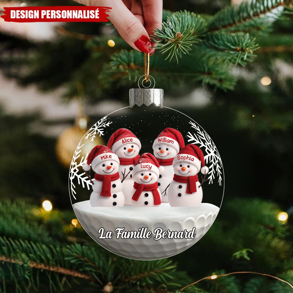 Ornement de Noël Personnalisée – Famille de Bonhommes de Neige avec Prénoms