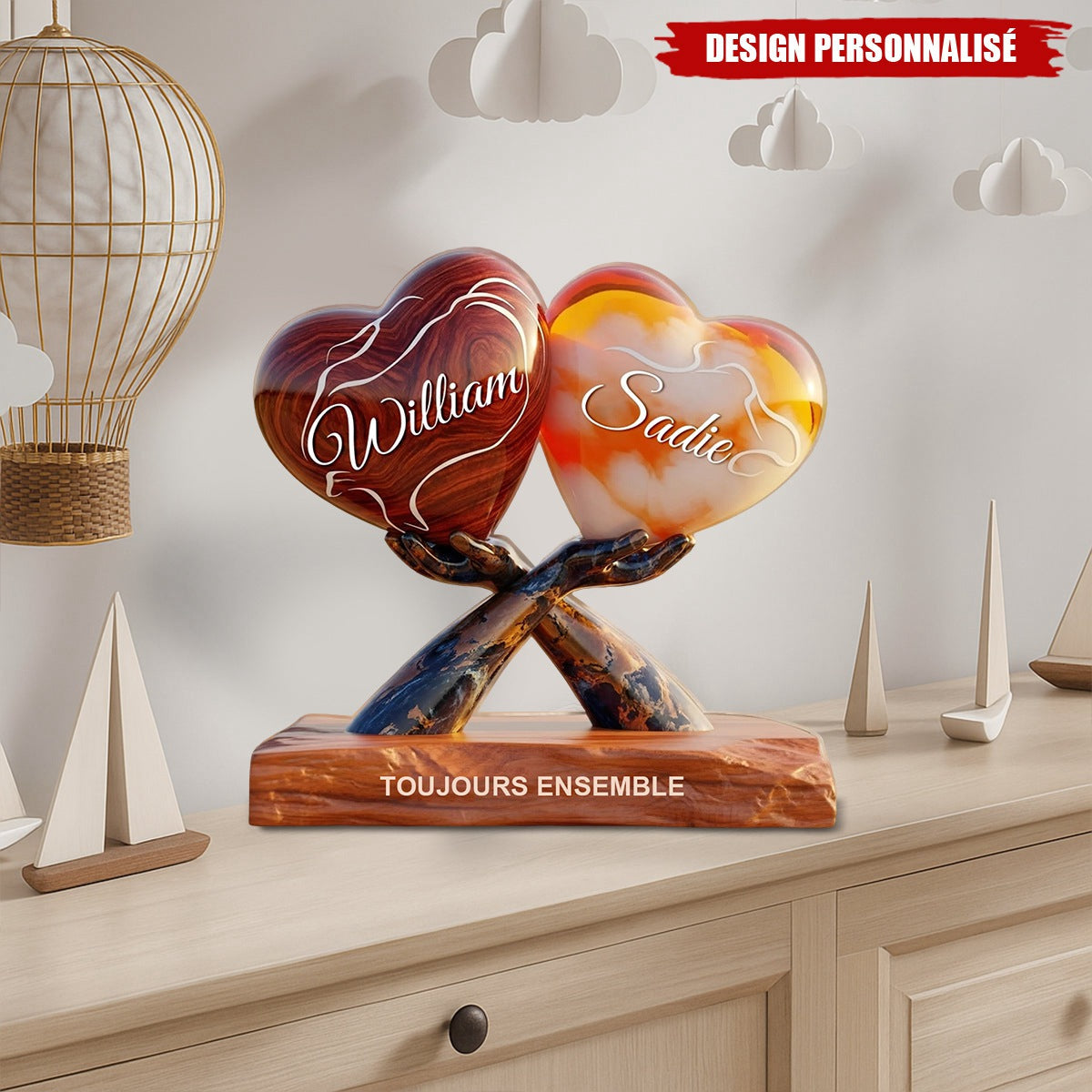 Plaque Acrylique Personnalisée – Deux Cœurs Tenus par des Mains, Cadeau Romantique pour Couple