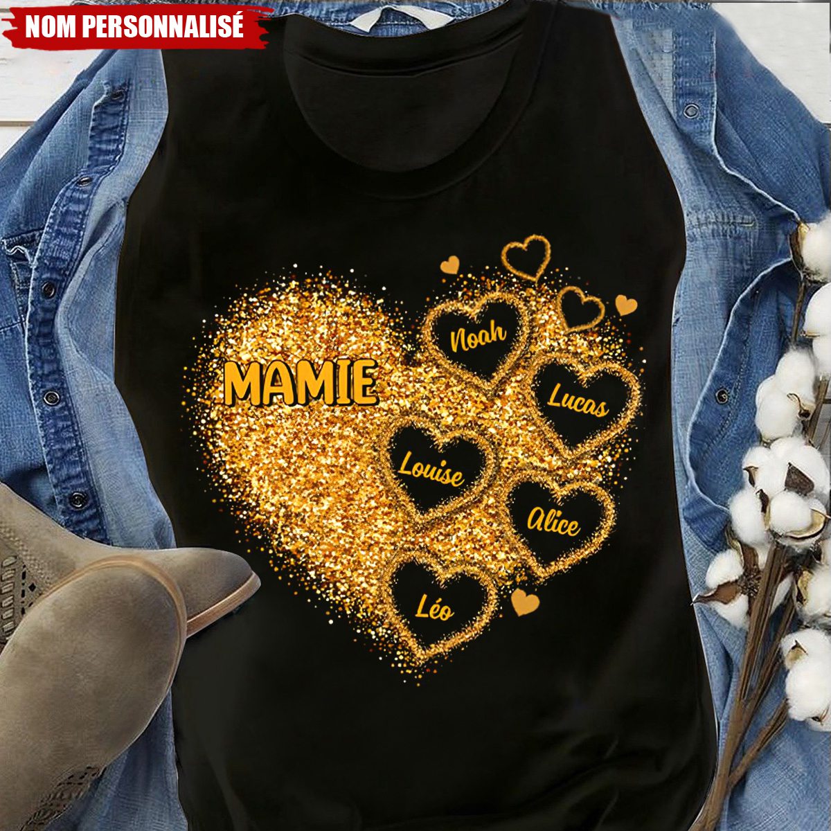 T-shirt Personnalisé Mamie – Cœur Scintillant avec Prénoms des Petits-Enfants