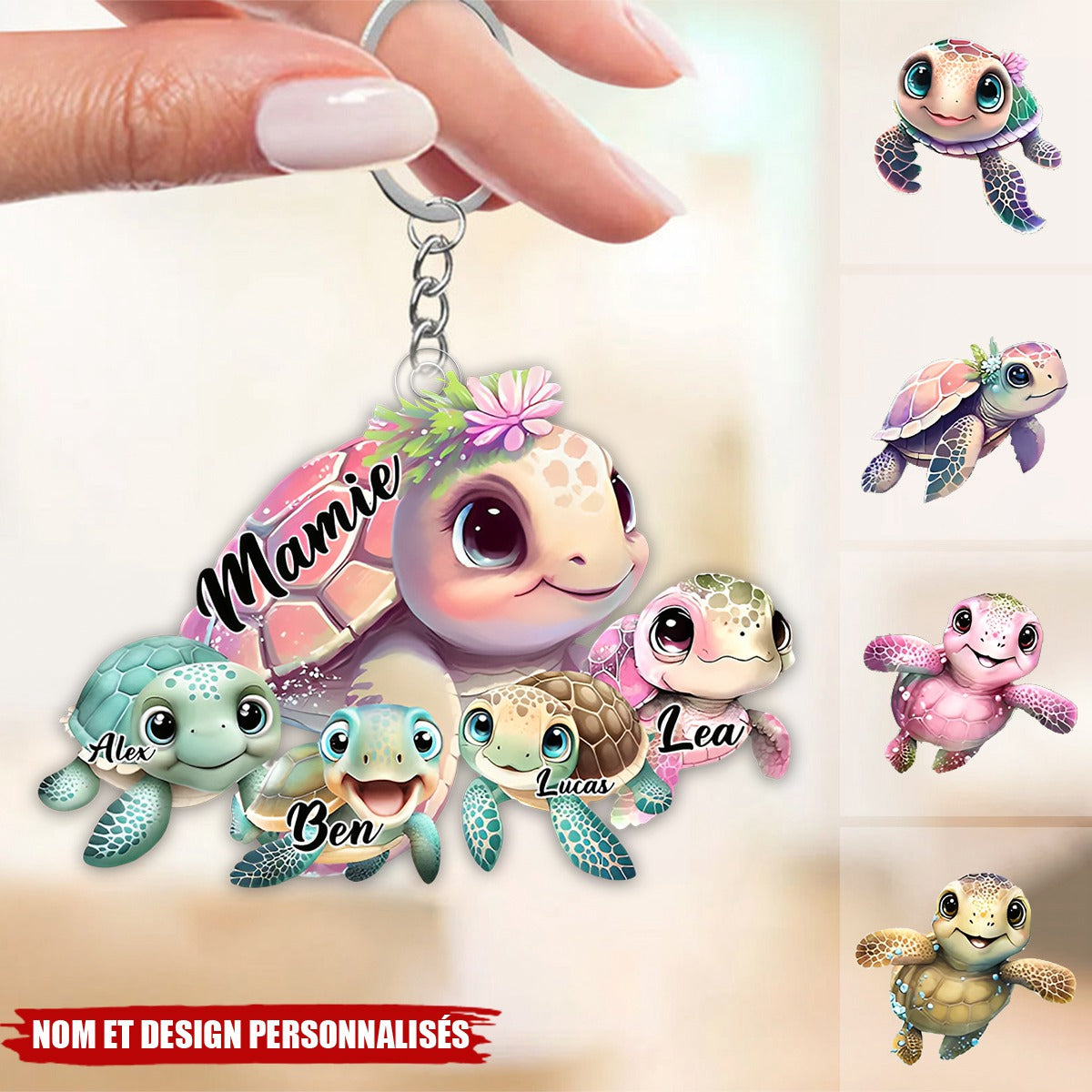 Porte-Clés Tortue Personnalisé – “Mamie & Ses Petites Tortues” avec Prénoms