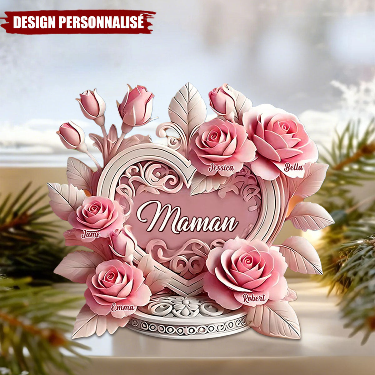 Plaque cœur à la rose personnalisée – Un cadeau unique pour maman