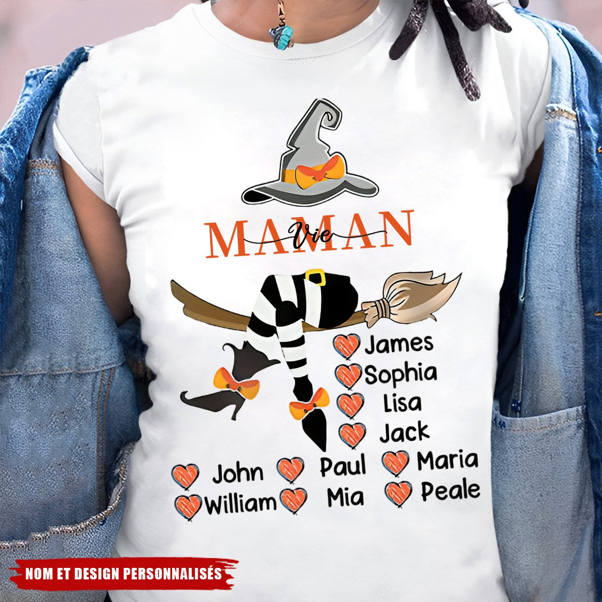 T-shirt Halloween sorcière personnalisé pour Mamie/Maman avec prénoms des petits-enfants/enfants