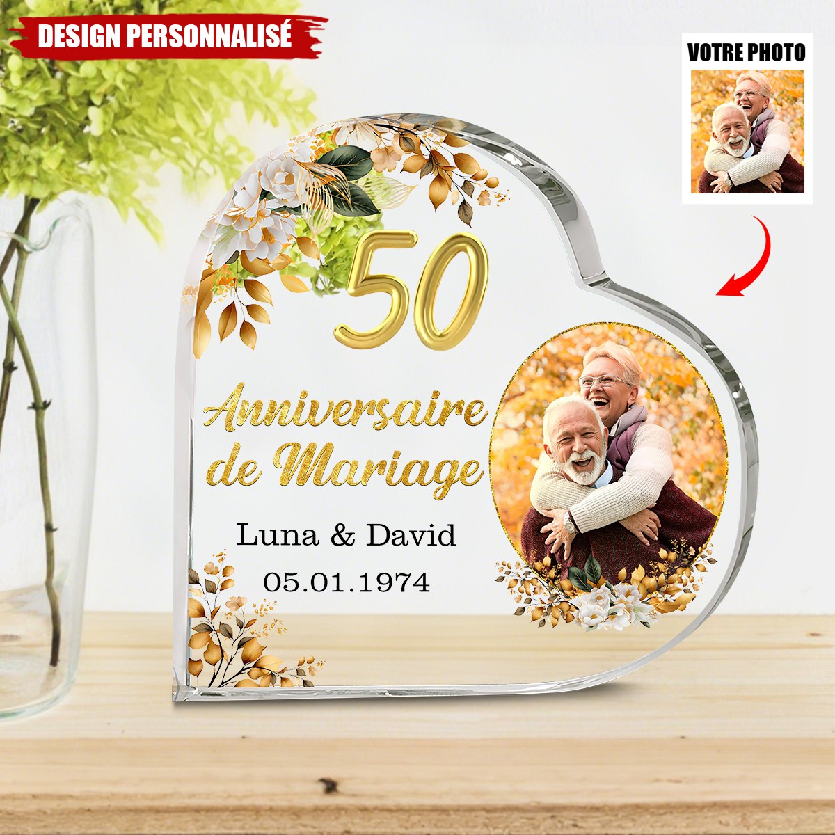 Plaque Photo Cœur Personnalisée — Cadeau d’Anniversaire de Mariage Pour le Couple