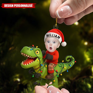 Ornement Photo Personnalisée Bébé sur Dinosaure – Décoration de Noël Unique