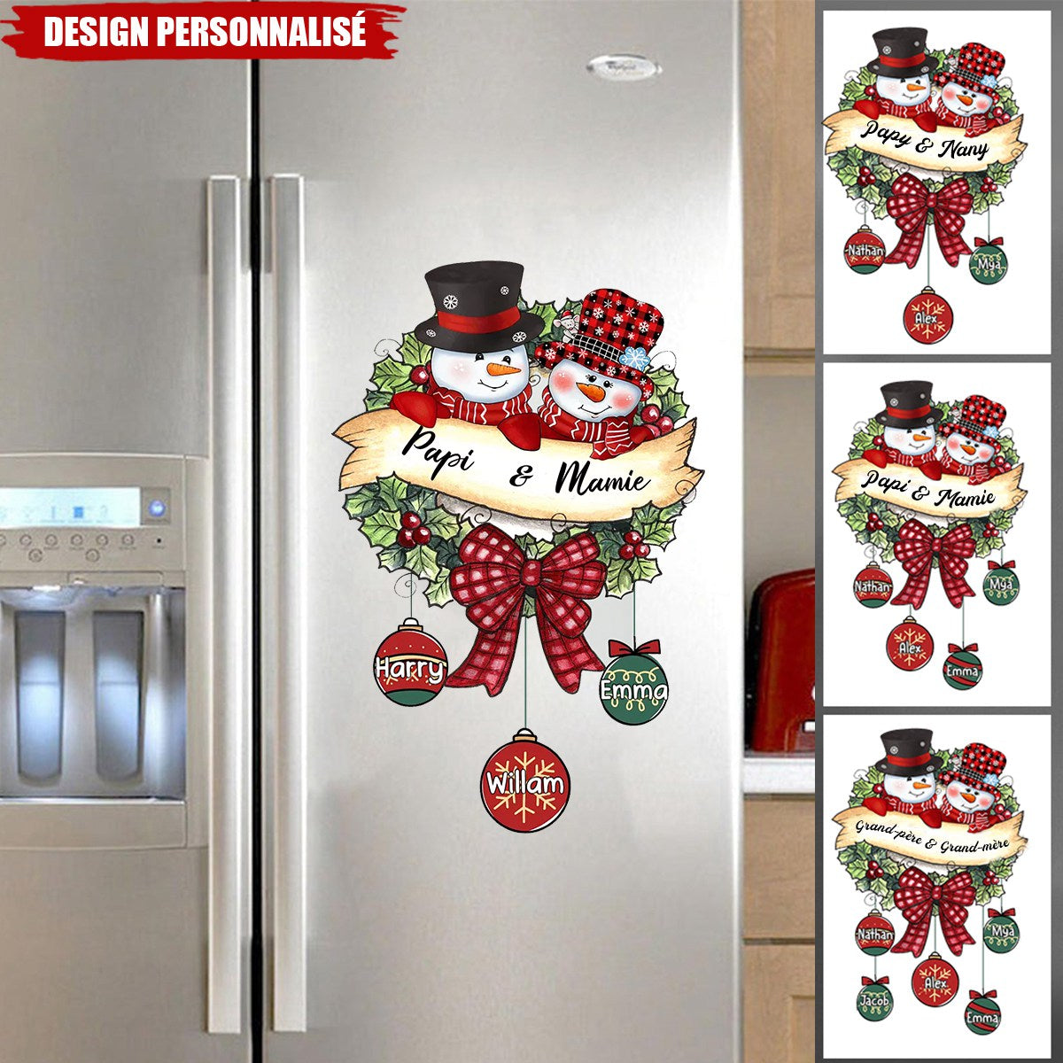 Autocollant Personnalisé de Noël  – Famille Bonhommes de Neige avec Prénoms