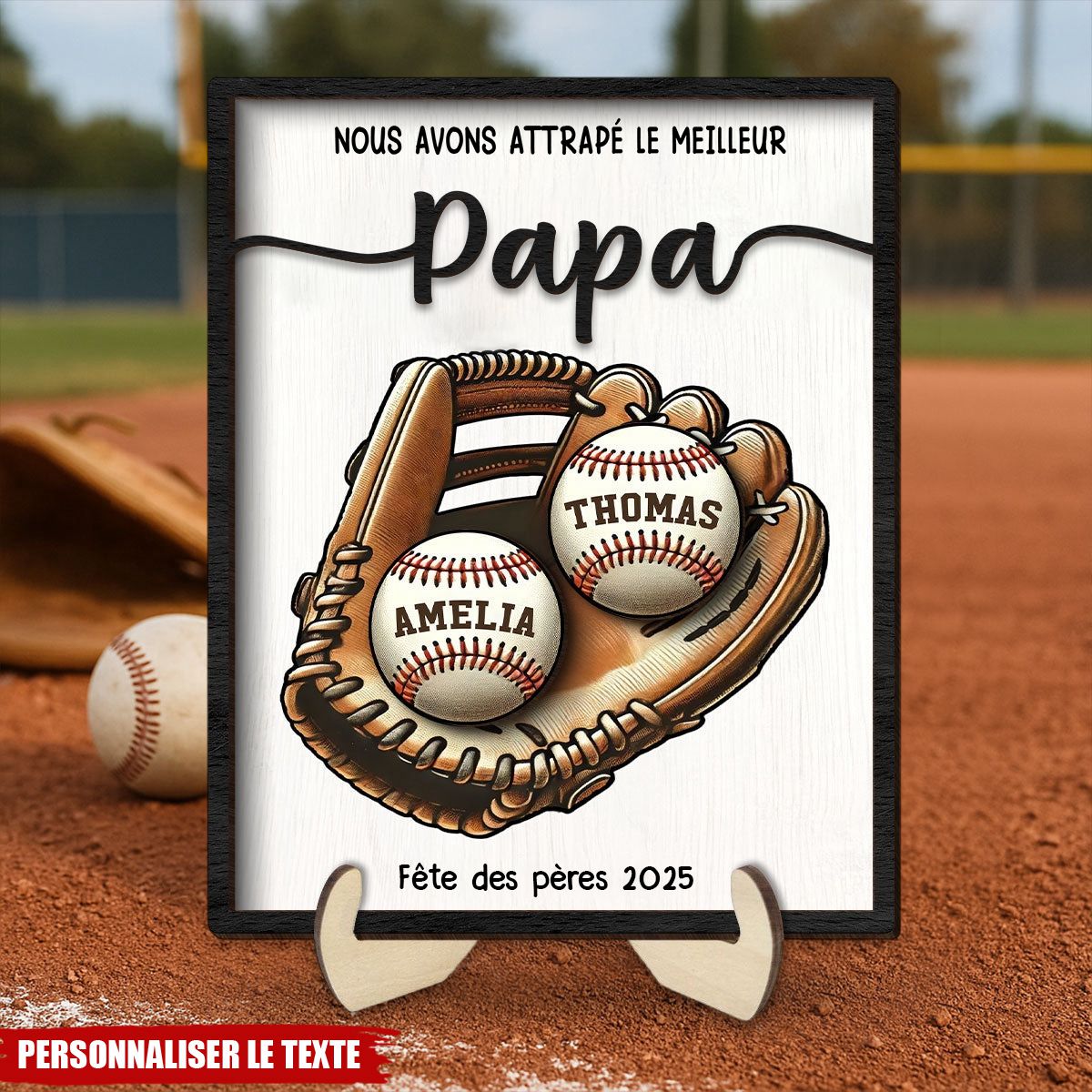 Tableau personnalisé Fête des Pères – "Nous avons attrapé le meilleur Papa" avec prénoms sur balles de baseball