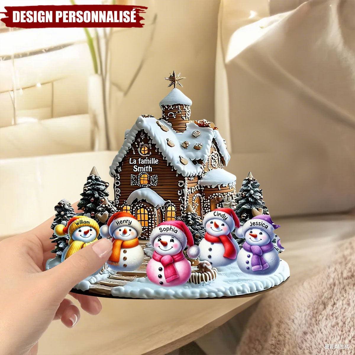 Plaque en Bois de Noël Personnalisée-Famille Bonhommes de Neige Devant une Maison