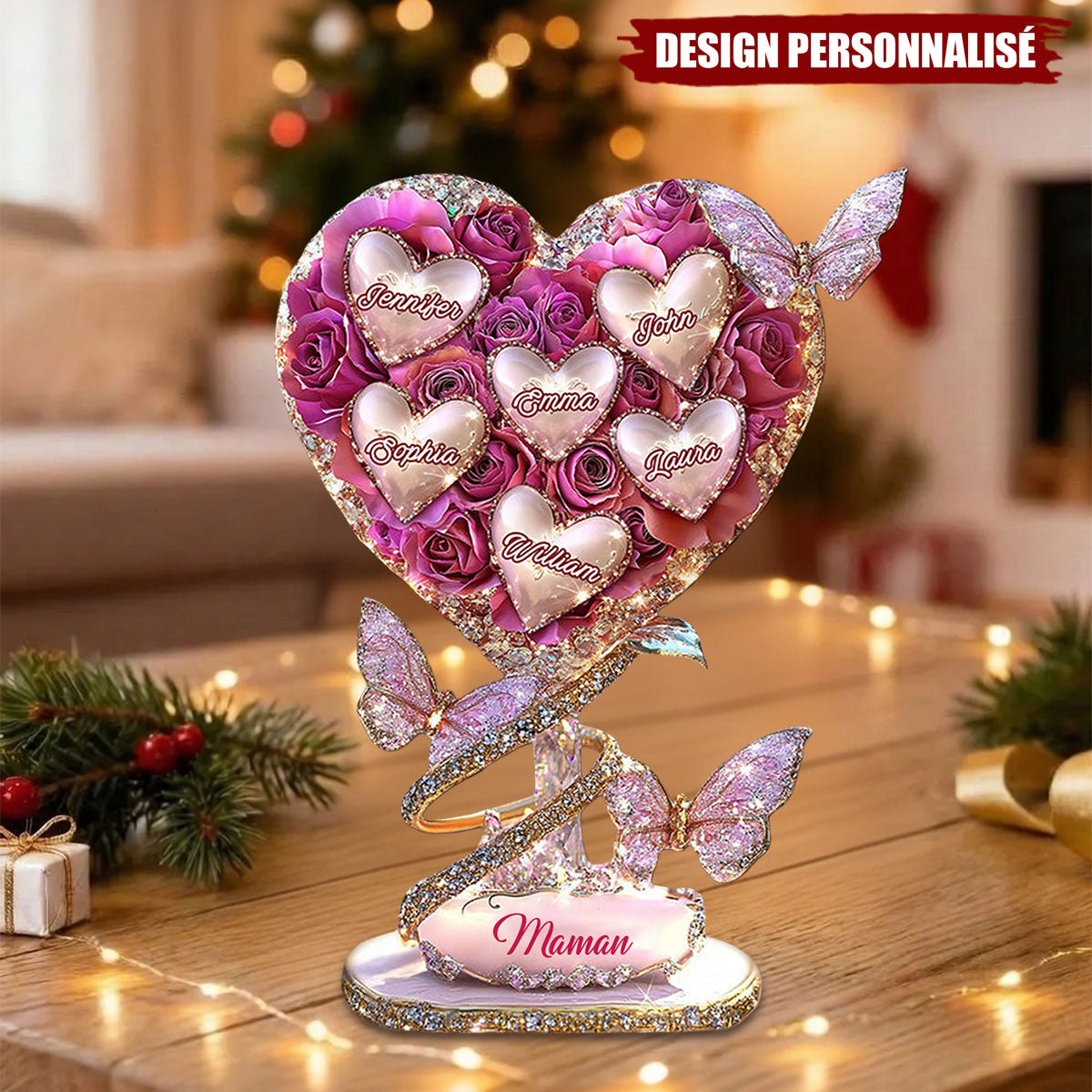 Plaque Cœur Rose Personnalisée avec Prénoms – Cadeau Émotionnel pour Mamie, Maman