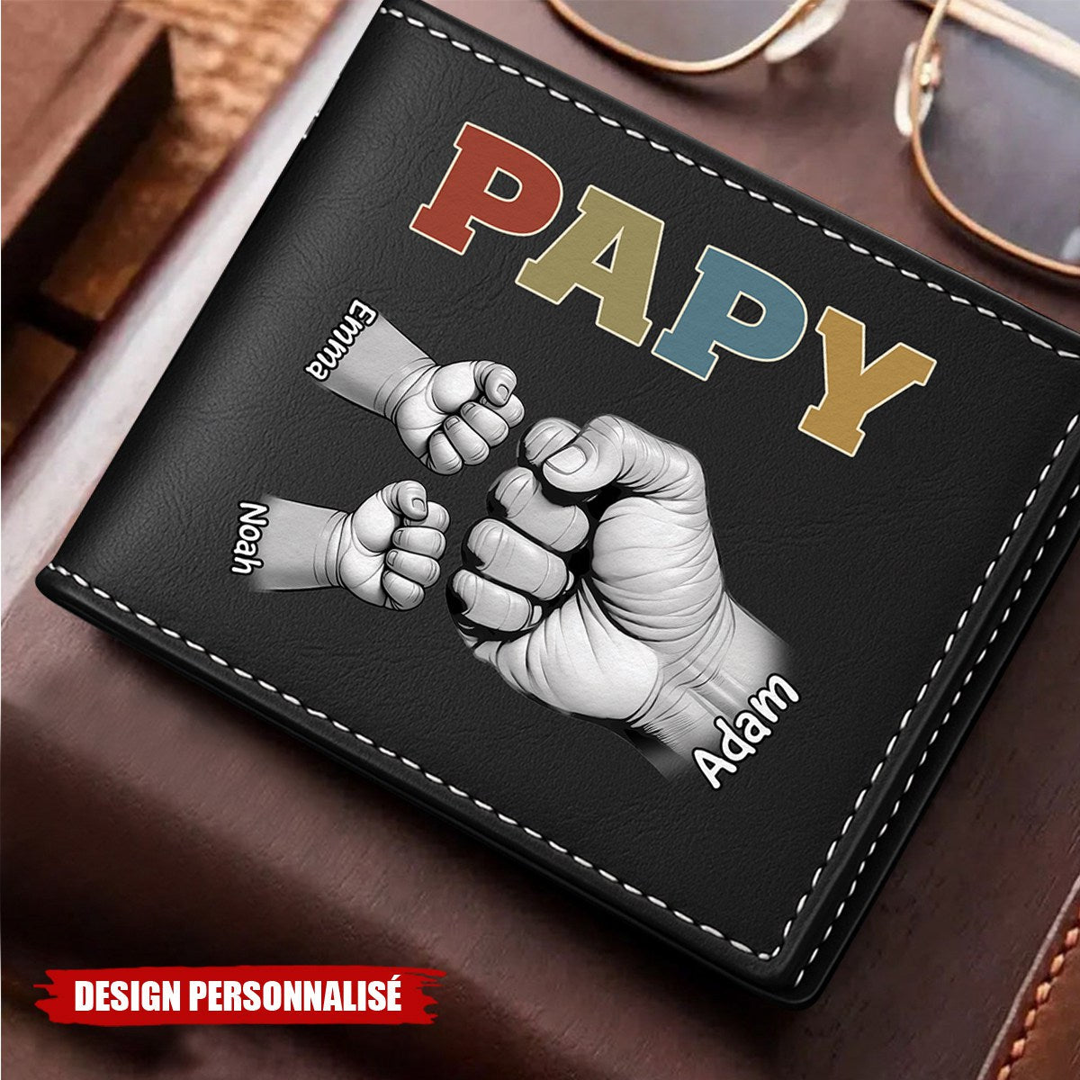 Portefeuille Personnalisé en Cuir– Poings d’Amour Gravés avec les Prénoms des Enfants