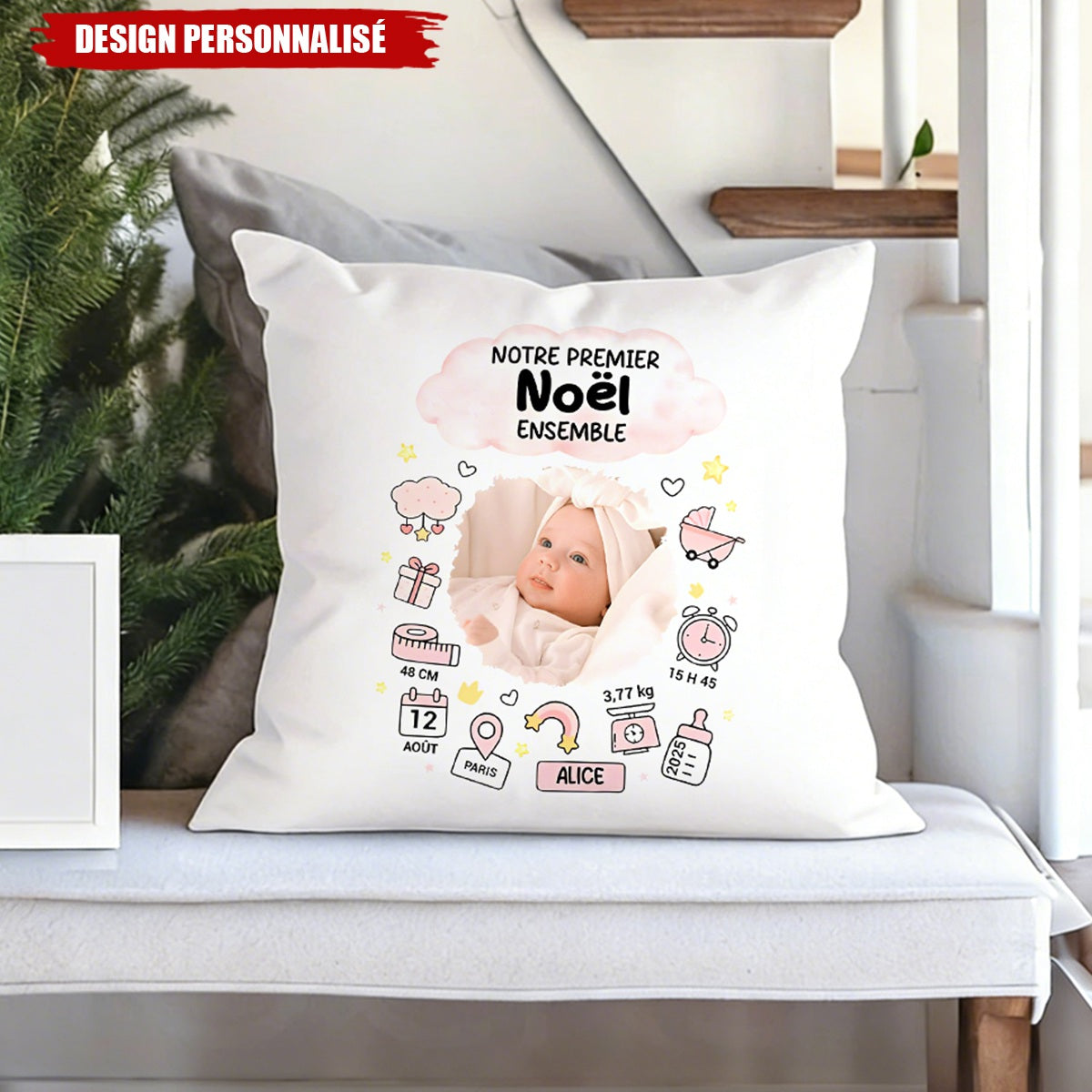Coussin Bébé Personnalisé – Souvenir de Naissance & Premier Noël