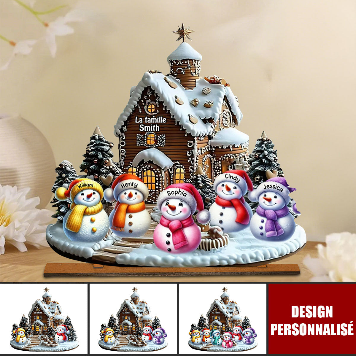 Plaque en Bois de Noël Personnalisée-Famille Bonhommes de Neige Devant une Maison