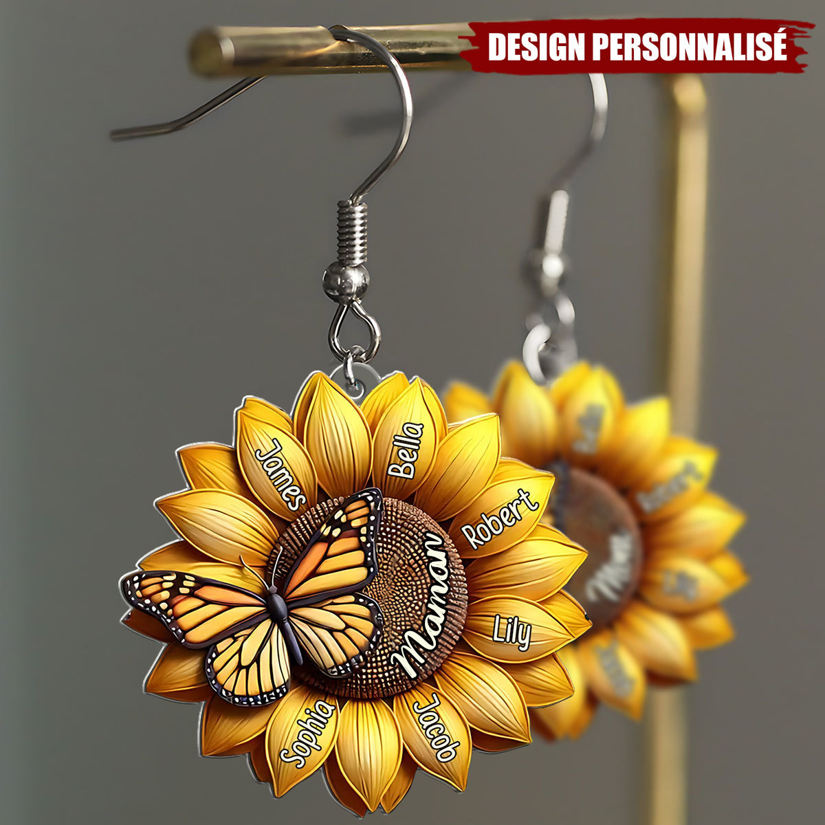 Boucles d’oreilles personnalisées Tournesol – Cadeau Unique pour Maman
