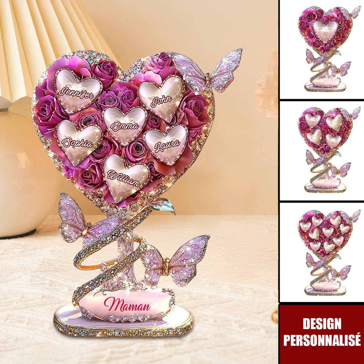 Plaque Cœur Rose Personnalisée avec Prénoms – Cadeau Émotionnel pour Mamie, Maman