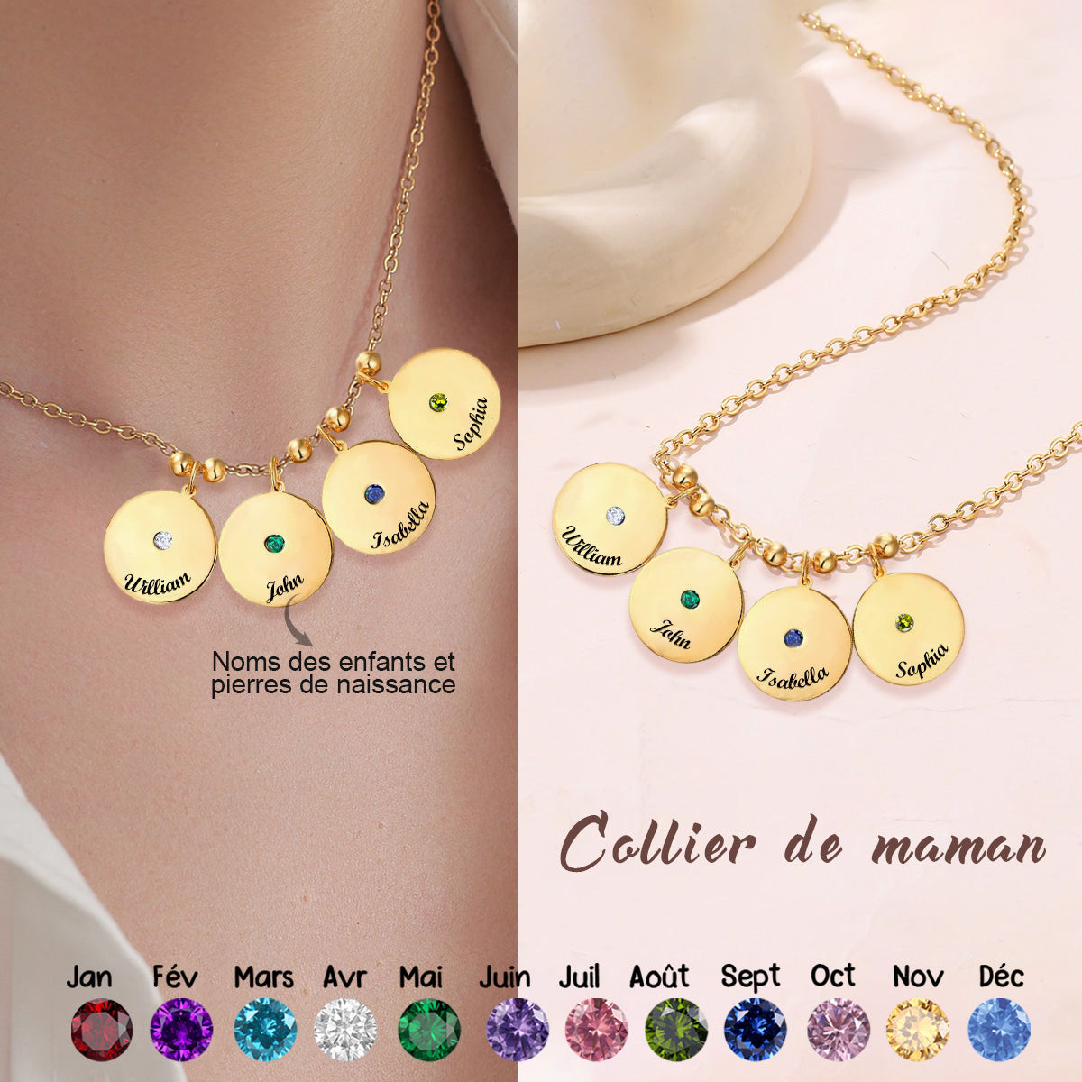 Collier Personnalisé avec Nom Gravé et Pierre de Naissance – Cadeau pour la Fête des Mères