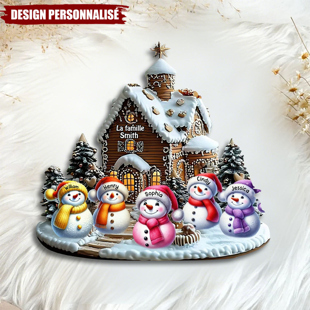 Plaque en Bois de Noël Personnalisée-Famille Bonhommes de Neige Devant une Maison