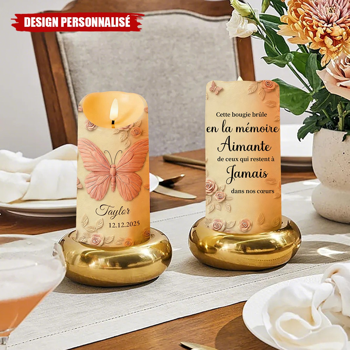 Bougie LED Personnalisée aux Papillons et Roses - Cadeau en Mémoire
