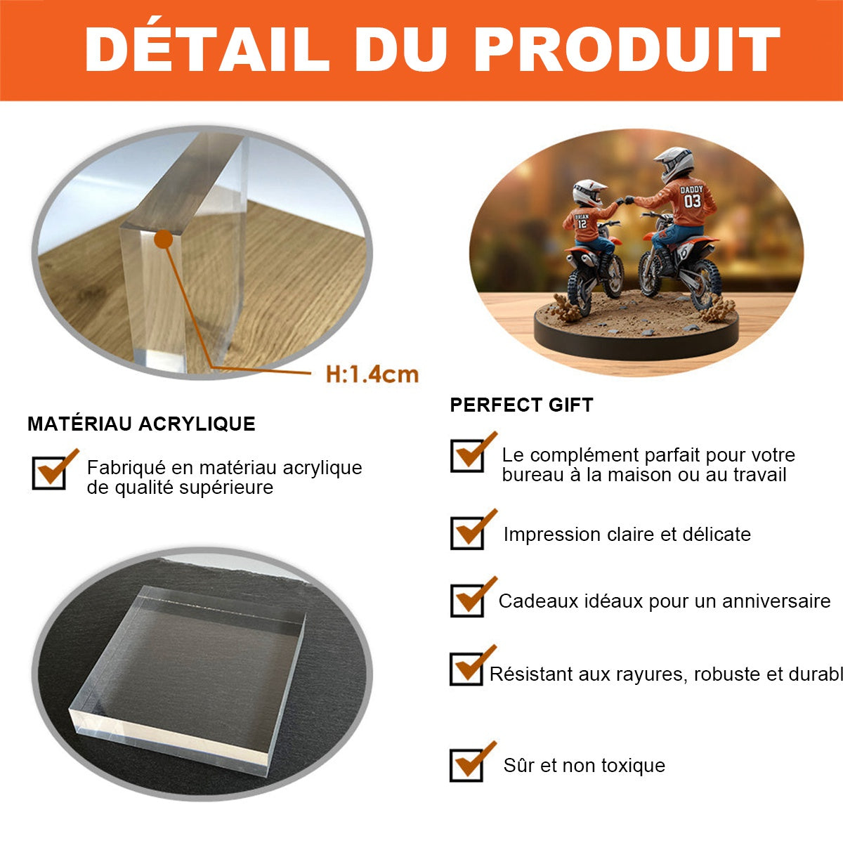 Plaque en acrylique personnalisée Père et Enfant en Moto – Cadeau Touchant pour la Fête des Pères