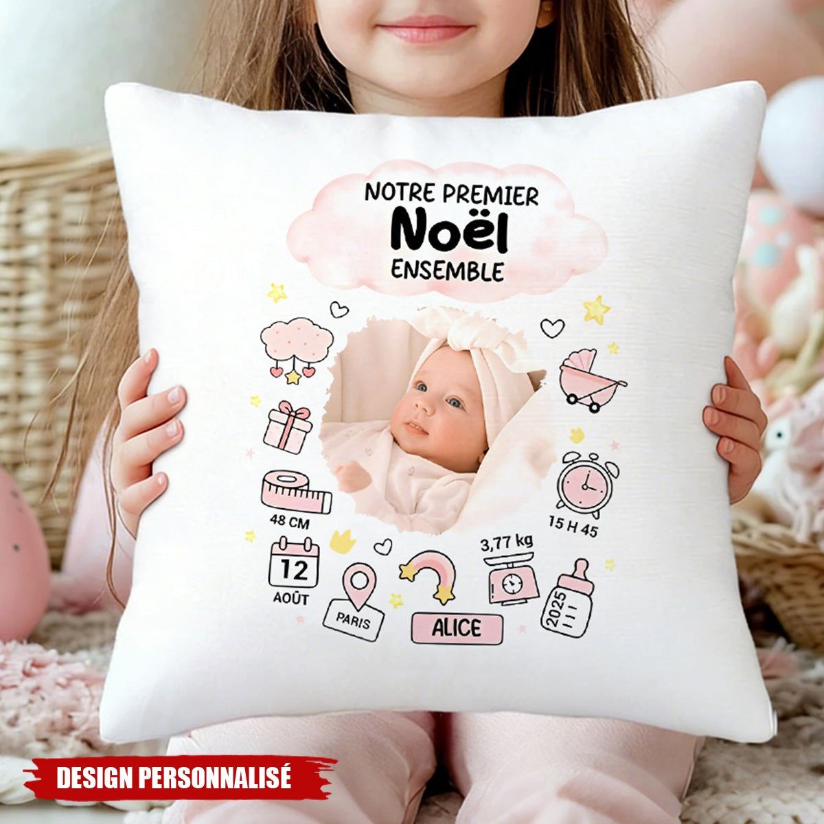 Coussin Bébé Personnalisé – Souvenir de Naissance & Premier Noël