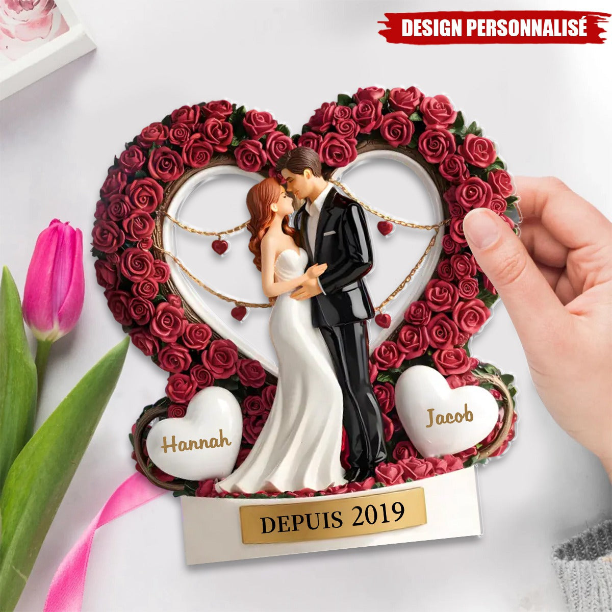 Plaque Acrylique Personnalisée – Couple Romantique avec Roses et Prénoms