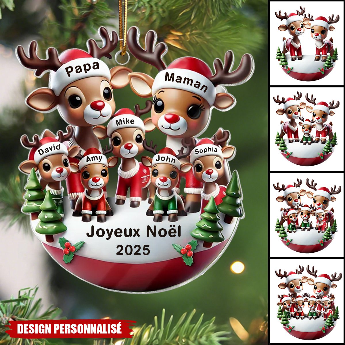 Décoration de Noël Personnalisée en Acrylique – Famille de Rennes avec Prénoms et Message de Noël