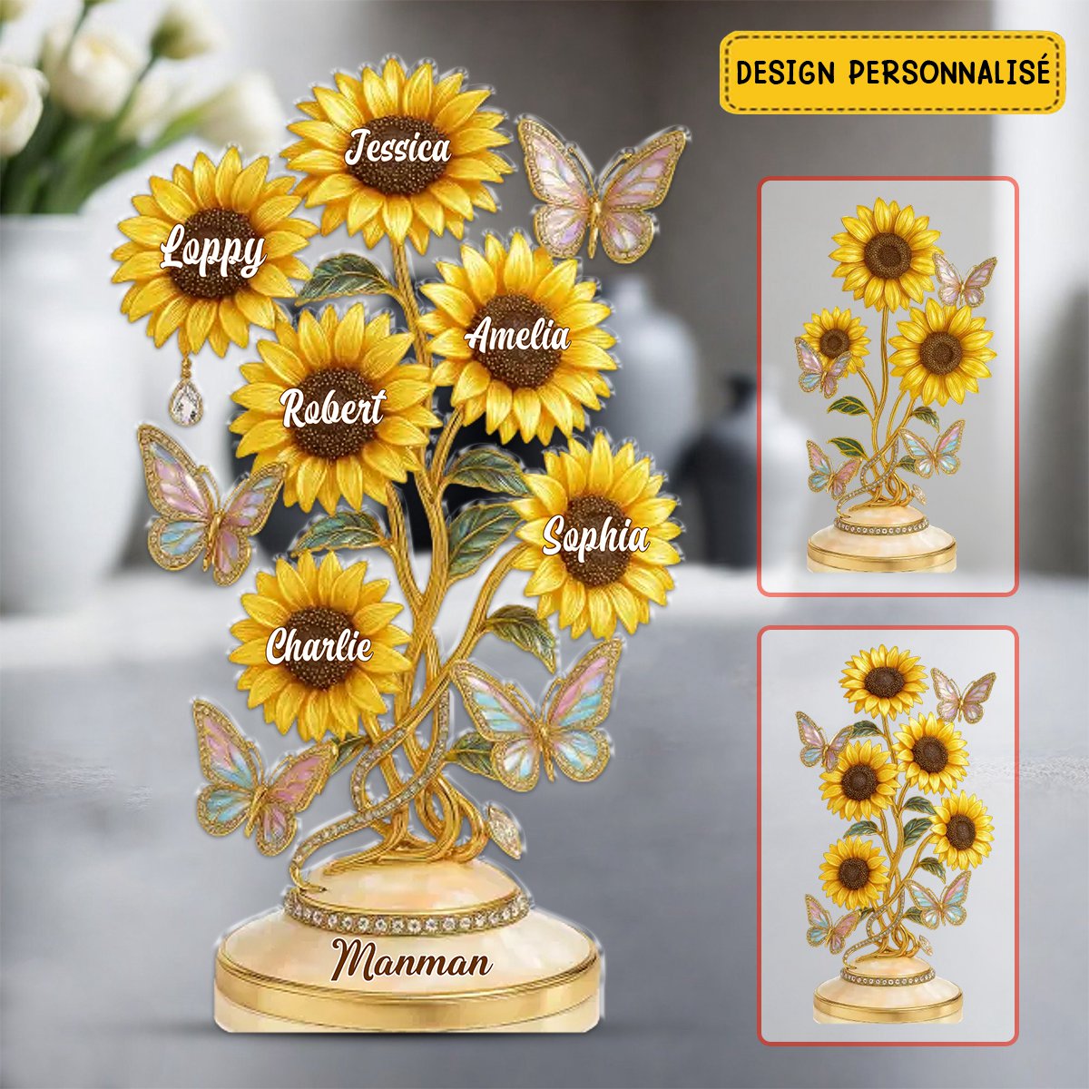 Cadeau Personnalisé pour Mamie - Sculpture de Tournesols avec Noms des Petits-Enfants