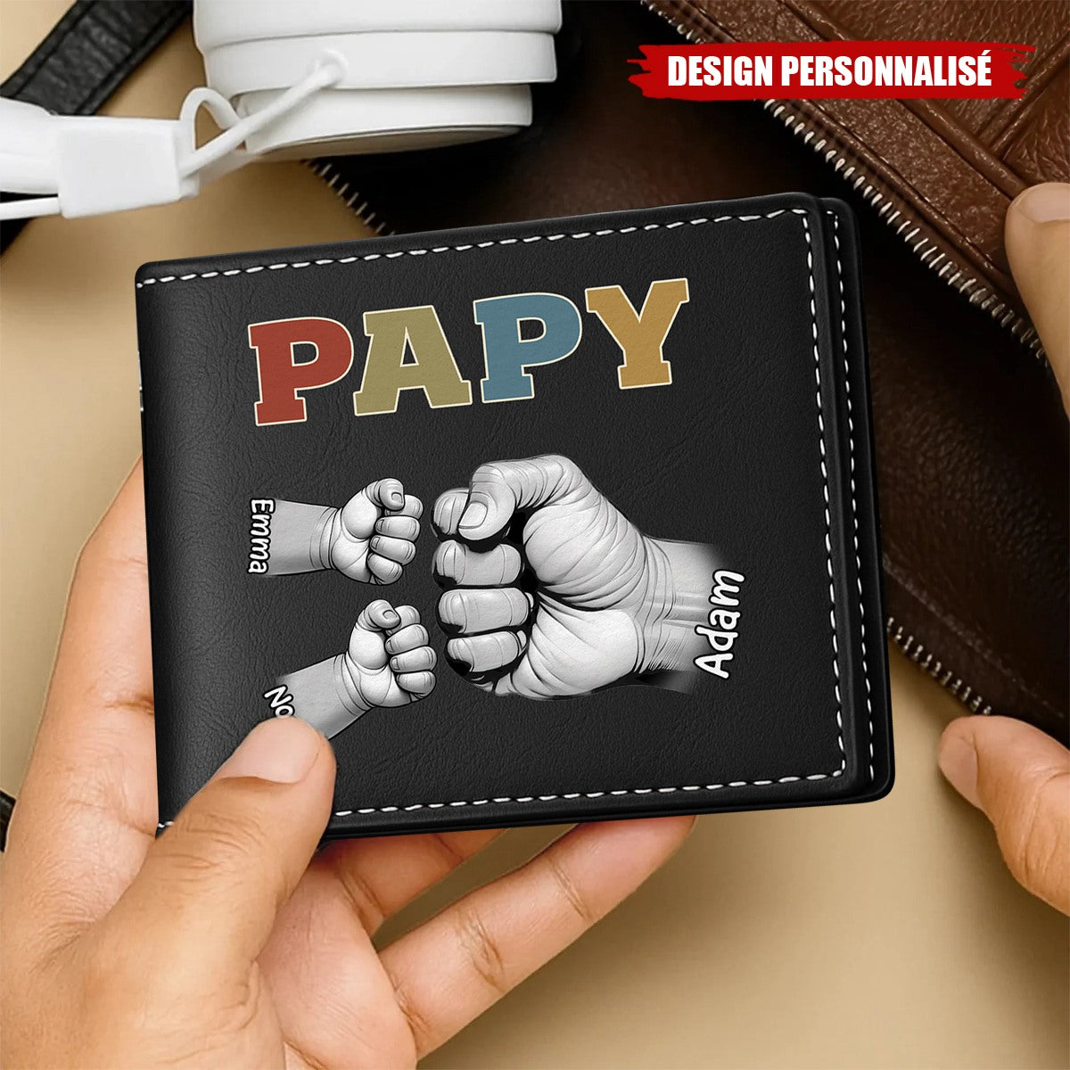 Portefeuille Personnalisé en Cuir– Poings d’Amour Gravés avec les Prénoms des Enfants