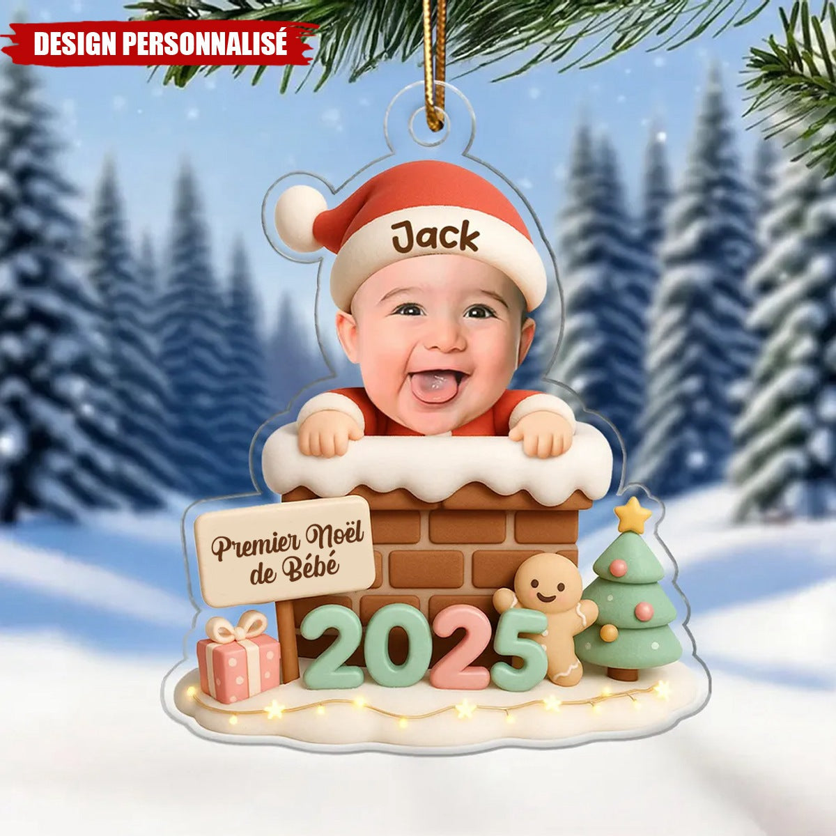 Ornement Acrylique Personnalisé Bébé Noël avec Cheminée – Cadeau de Noël pour Enfants