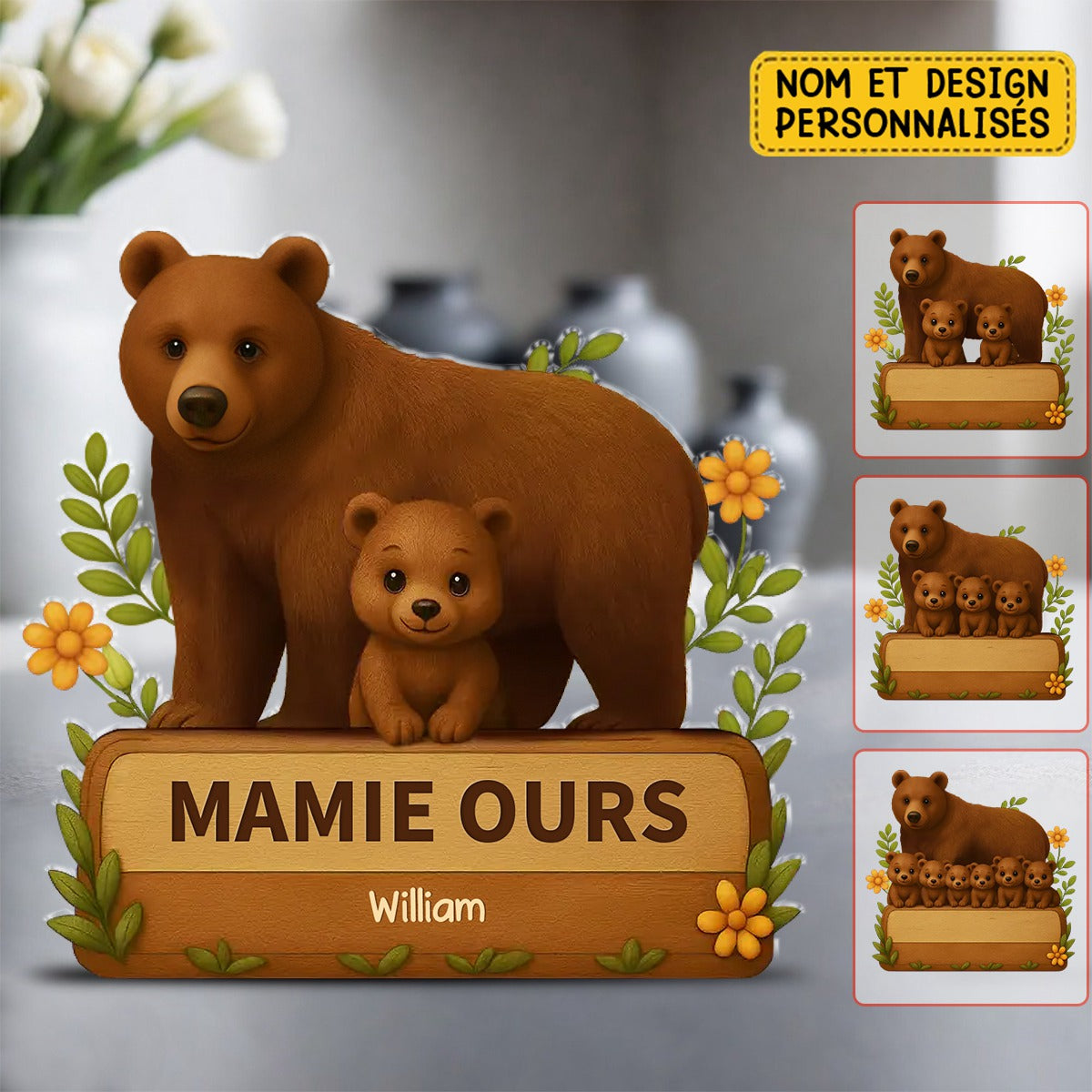 Panneau Décoratif Personnalisé Famille d’Ours – Cadeau Mignon pour Mamie