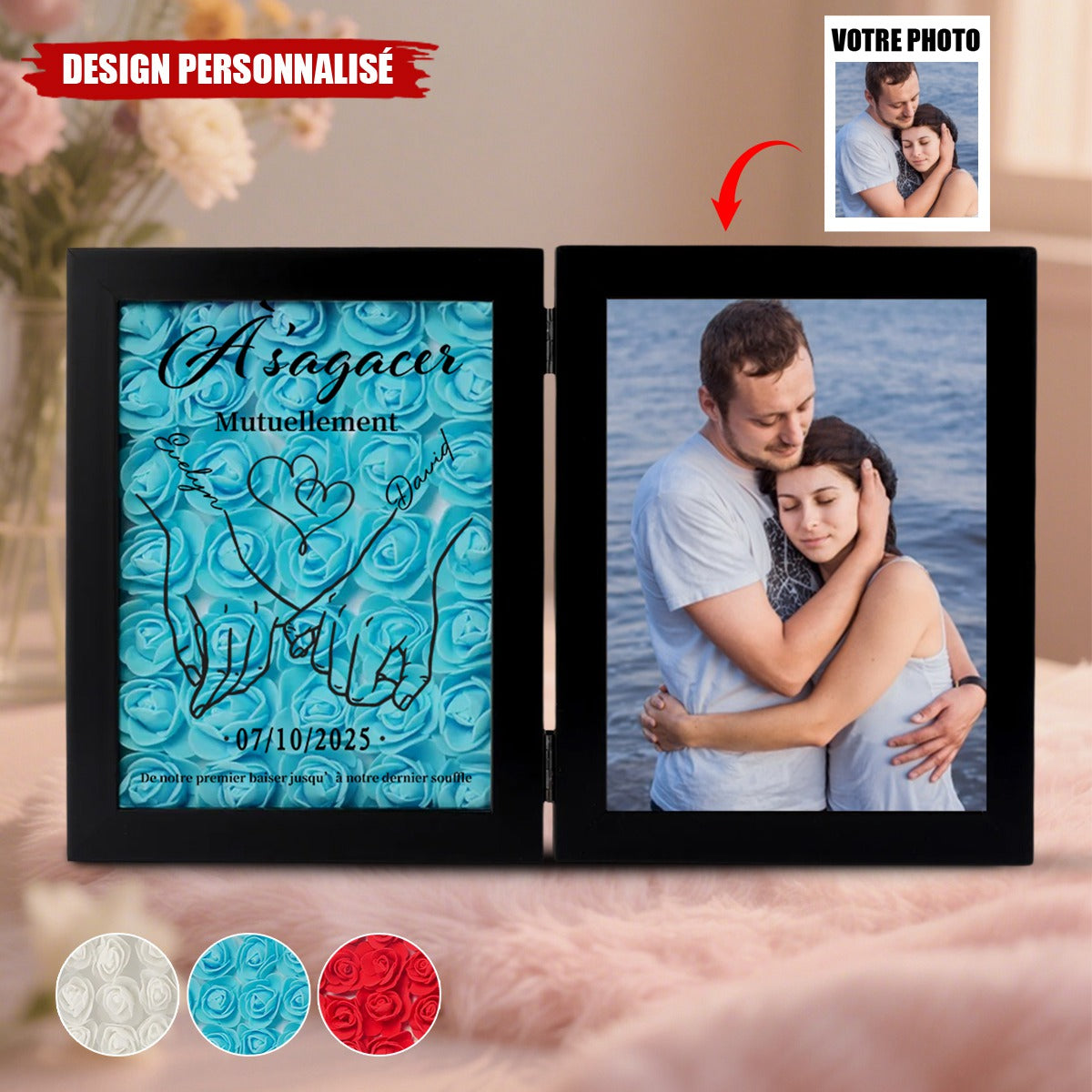 Cadre Double Personnalisé avec Fleurs pour Couple- Cadeau Romantique Unique