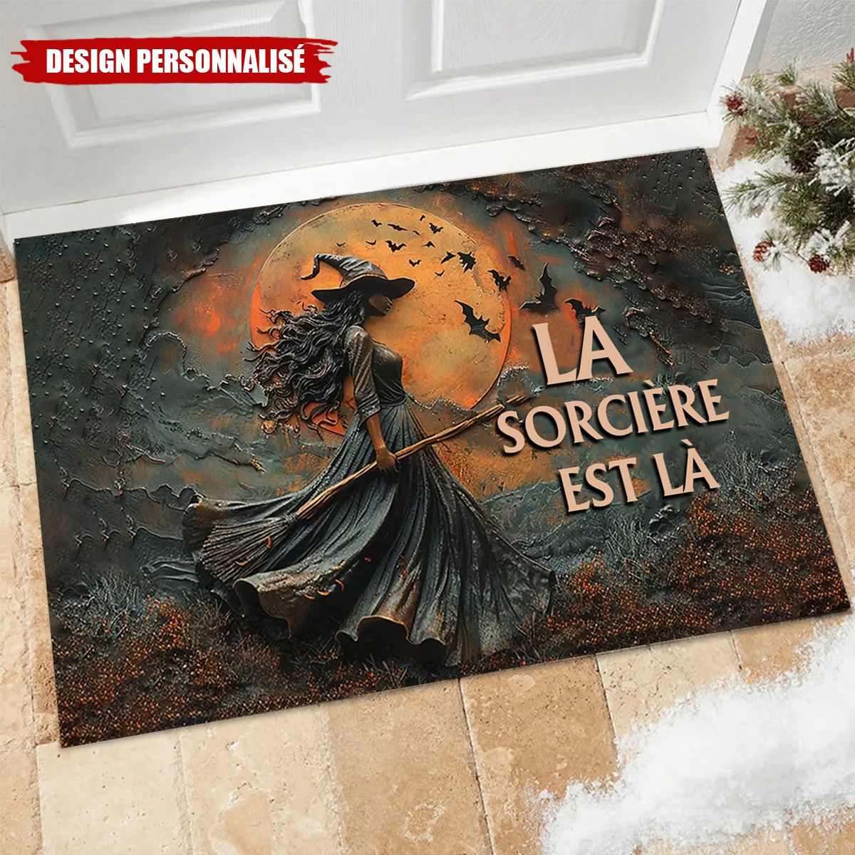 Tapis d’Entrée Halloween Personnalisé – La Sorcière Est Là