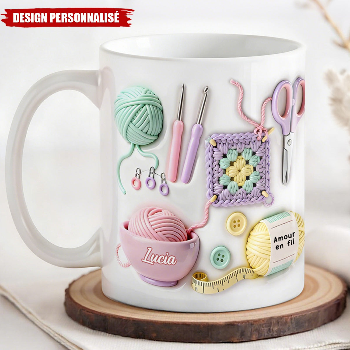 Mug Personnalisé "Amour en Fil" - Le cadeau parfait pour les amateurs de tricot