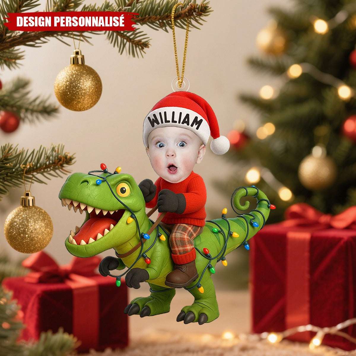 Ornement Photo Personnalisée Bébé sur Dinosaure – Décoration de Noël Unique