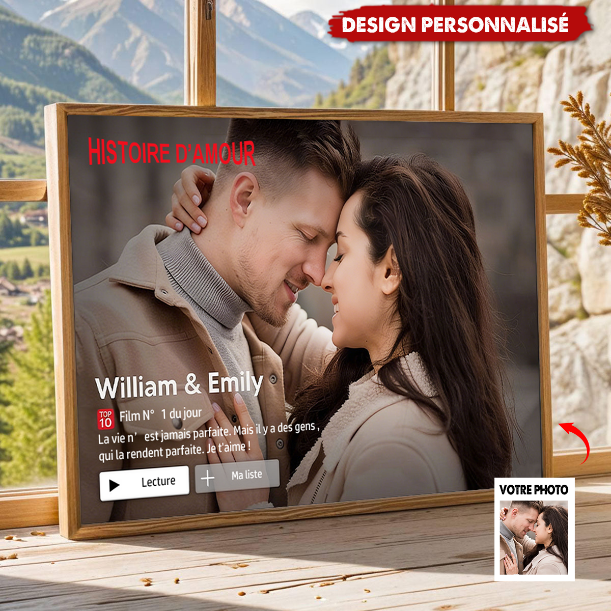 Affiche Personnalisée Couple – Histoire d’Amour Style Film avec Photo, Noms et Message