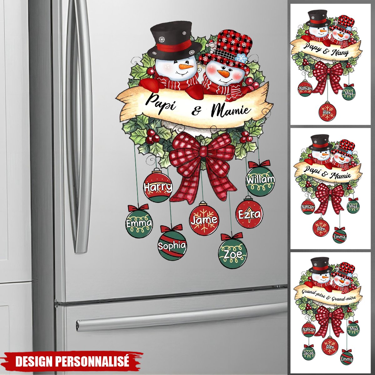 Autocollant Personnalisé de Noël  – Famille Bonhommes de Neige avec Prénoms