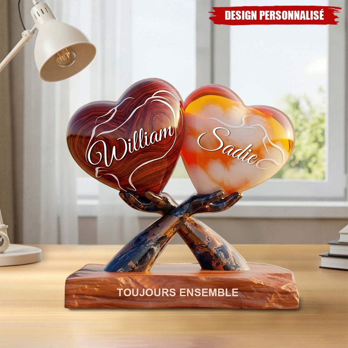 Plaque Acrylique Personnalisée – Deux Cœurs Tenus par des Mains, Cadeau Romantique pour Couple