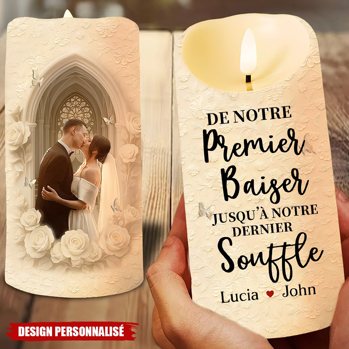 Bougie LED Personnalisée avec Photo - De Notre Premier Baiser Jusqu’à Notre Dernier Souffle