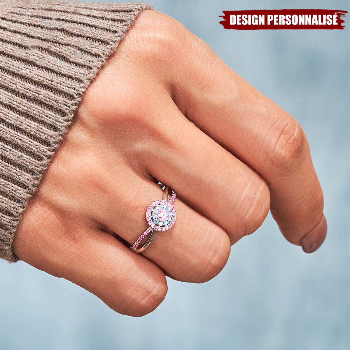 Bague "Maman d’un Ange" – Design Personnalisé avec Pierres Roses et Bleues