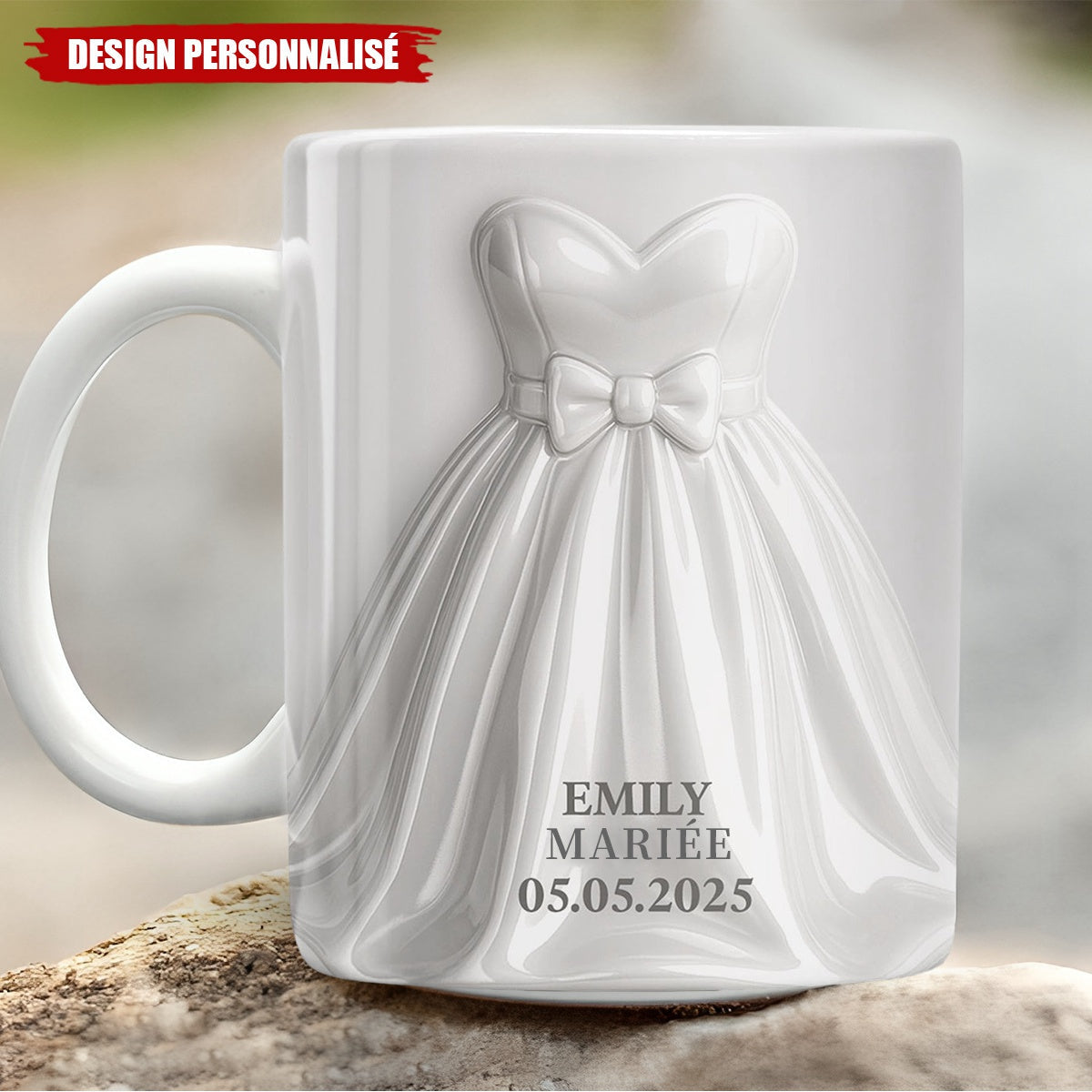 Mug de Mariage Personnalisé – Robe de Mariée et Costume Élégant avec Noms et Date