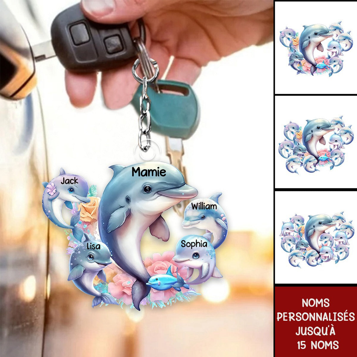 Porte-clés Personnalisé Famille Dauphin – Cadeau Adorable pour Mamie avec Prénoms des Petits-Enfants