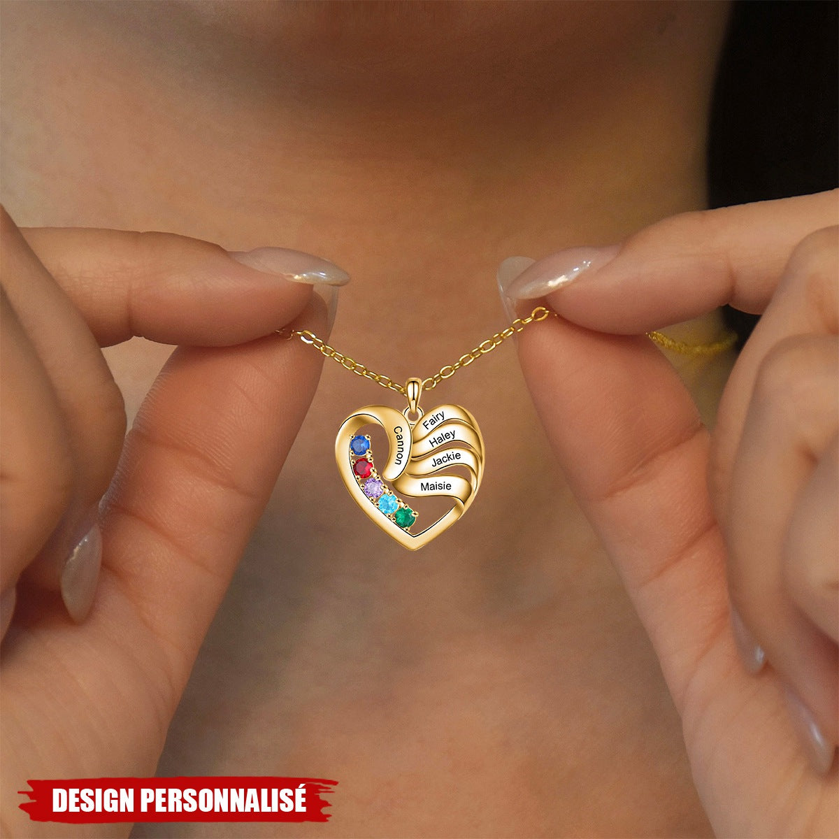 Collier Cœur Personnalisé avec Pierres de Naissance  – Cadeau Unique pour Famille et Amis