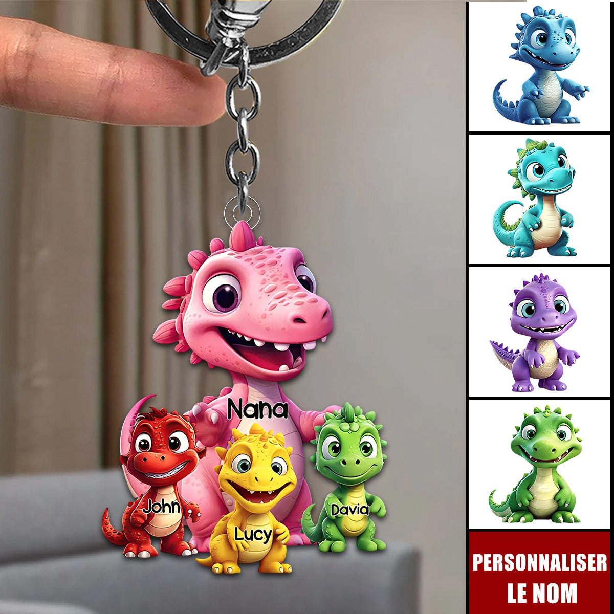 Porte-clés Dinosaures Personnalisé – Cadeau Original pour Mamie ou Maman avec Prénoms des Petits-Enfants
